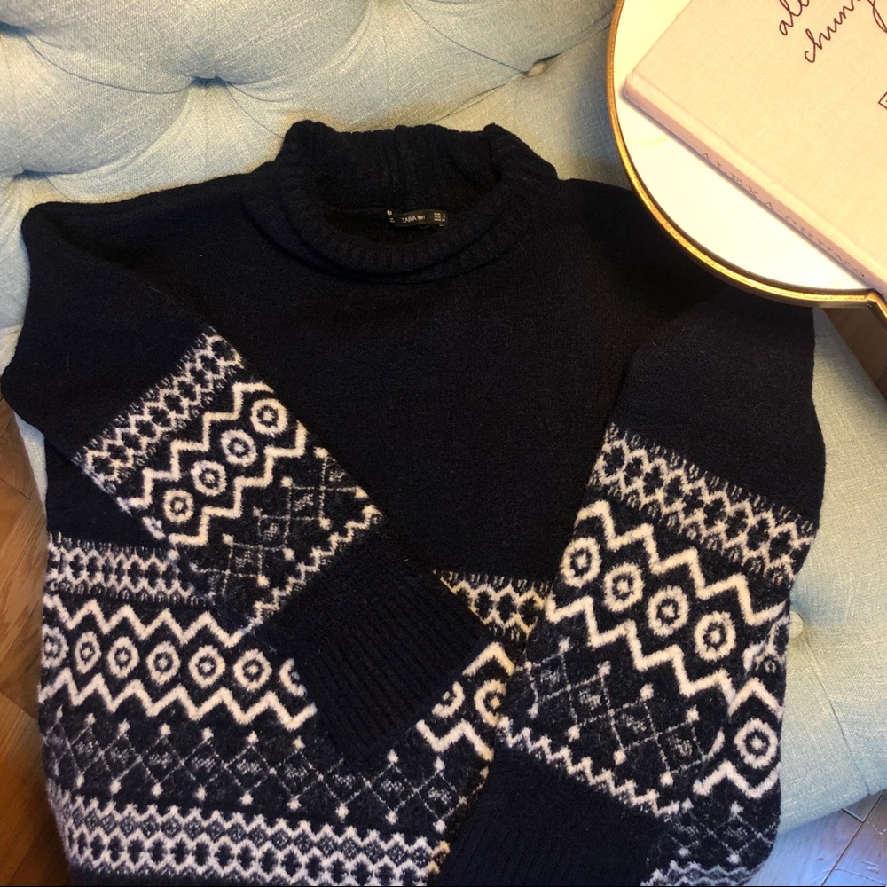 Zara oversized navy fair isle turtleneck sweater